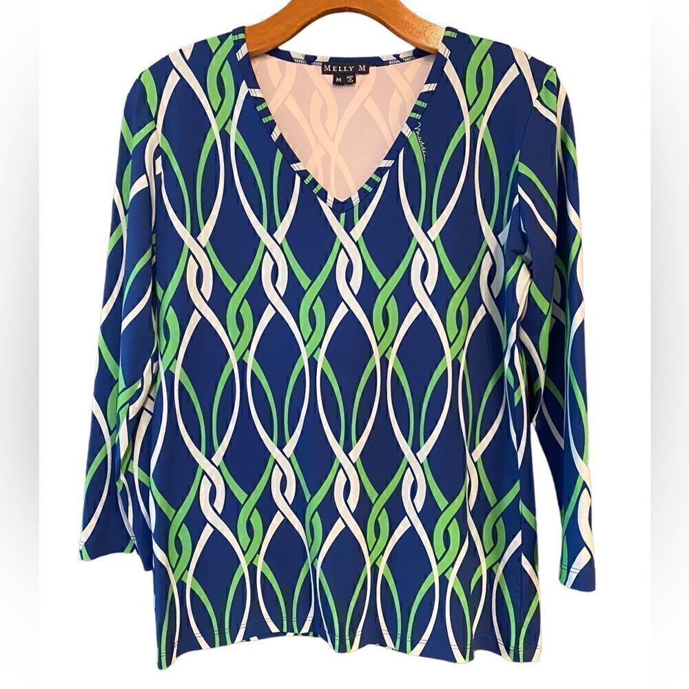 Melly M. Sz M Blue Green Rope Preppy 3/4 Sleeve V-Neck Resort Style Top